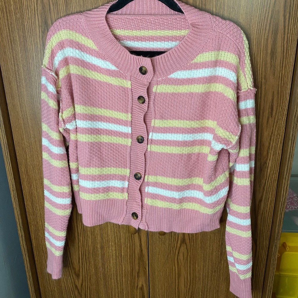 Striped Cardigan Sweater Women Small Pink Yellow White Button Front